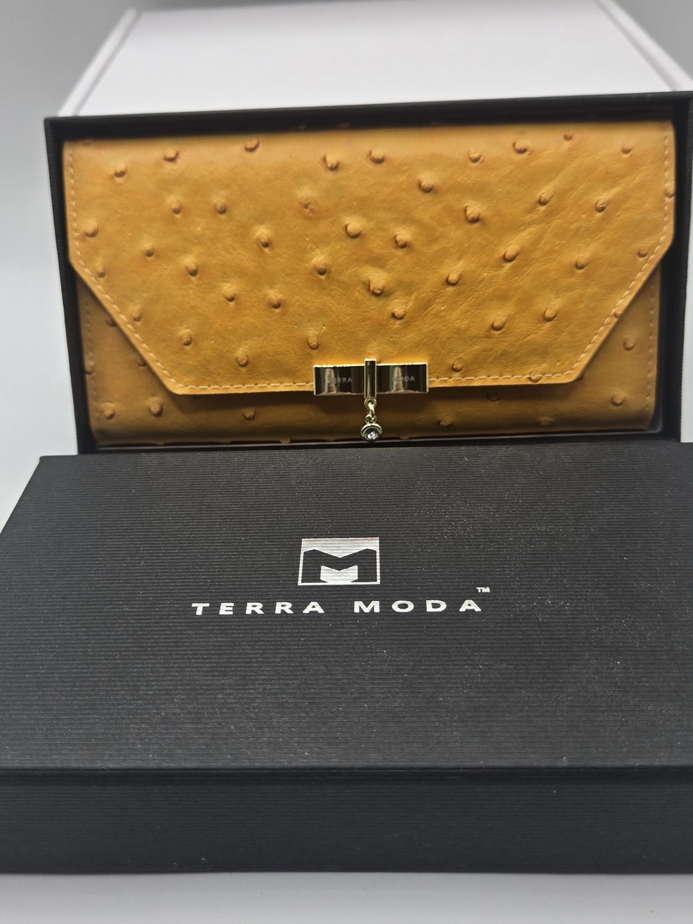Terra Moda Mustard Ostrich Embossed Wallet Clutch NWT Gold Hardware